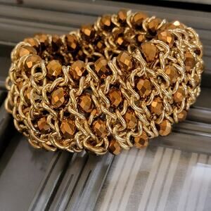 Vintage Gold Tone Chain and Bead Bangle Bracelet - 1960s & 70s Bohemian Chic